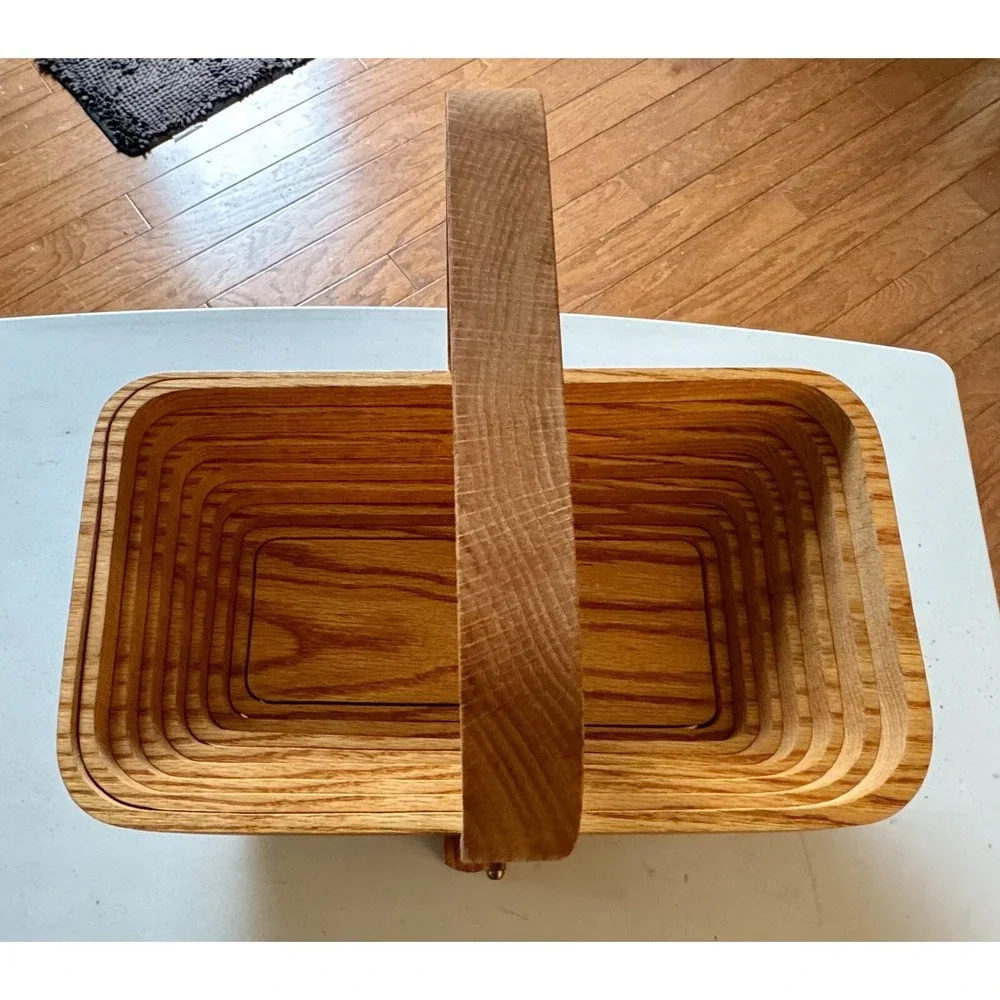 MCM Folding Collapsible Rectangle Wooden Fruit Basket With Handle Walter B Holts